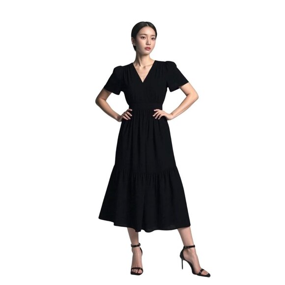 NWT French Connection Ladies Black Puff Sleeve Poplin Cotton Maxi‎ Dress Size L - Picture 2 of 15